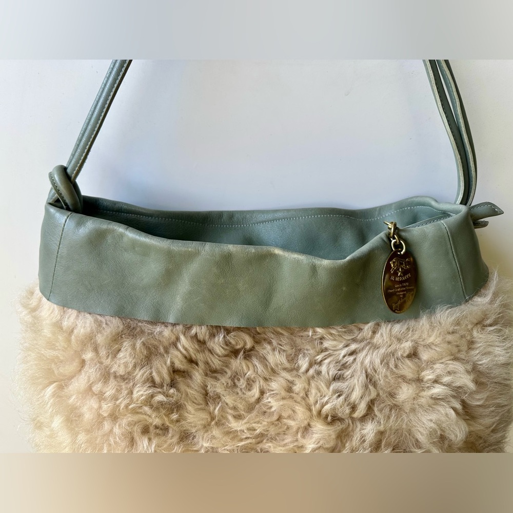 Il Bizonte Lamb Shearling & Sage Green Leather Elegant Women's Bag 15”x13” - Picture 5 of 14
